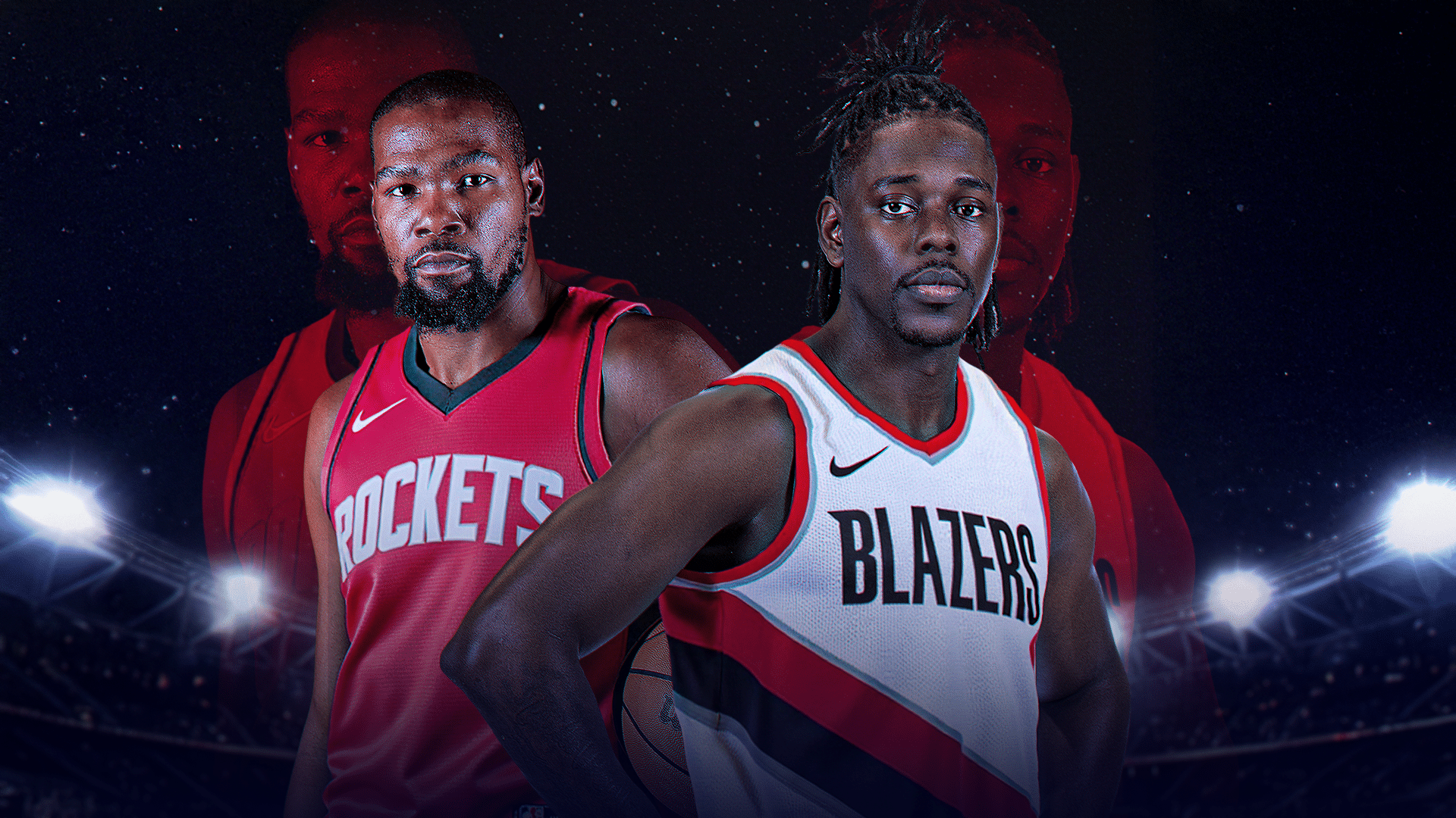 Kevin Durant com a camisa do Houston Rockets e Jrue Holiday com a camisa do Portland Trail Blazers
