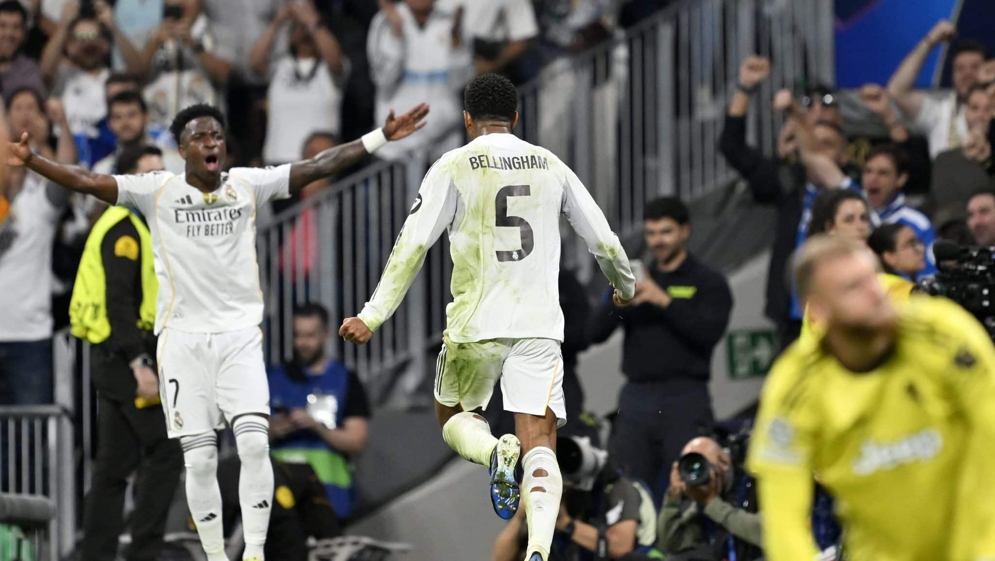 Vini Jr e Bellingham comemorando gol do Real Madrid contra a Juventus