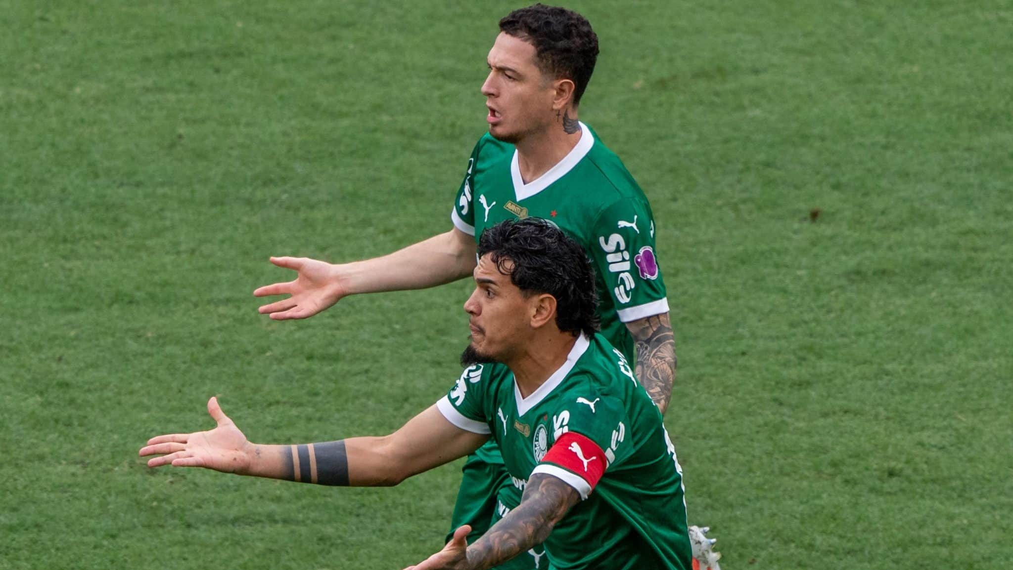 Jogadores do Palmeiras pediram pênalti em Gustavo Gòmez no primeiro tempo do jogo contra o Flamengo - Maga Jr/Agência F8/Gazeta Press